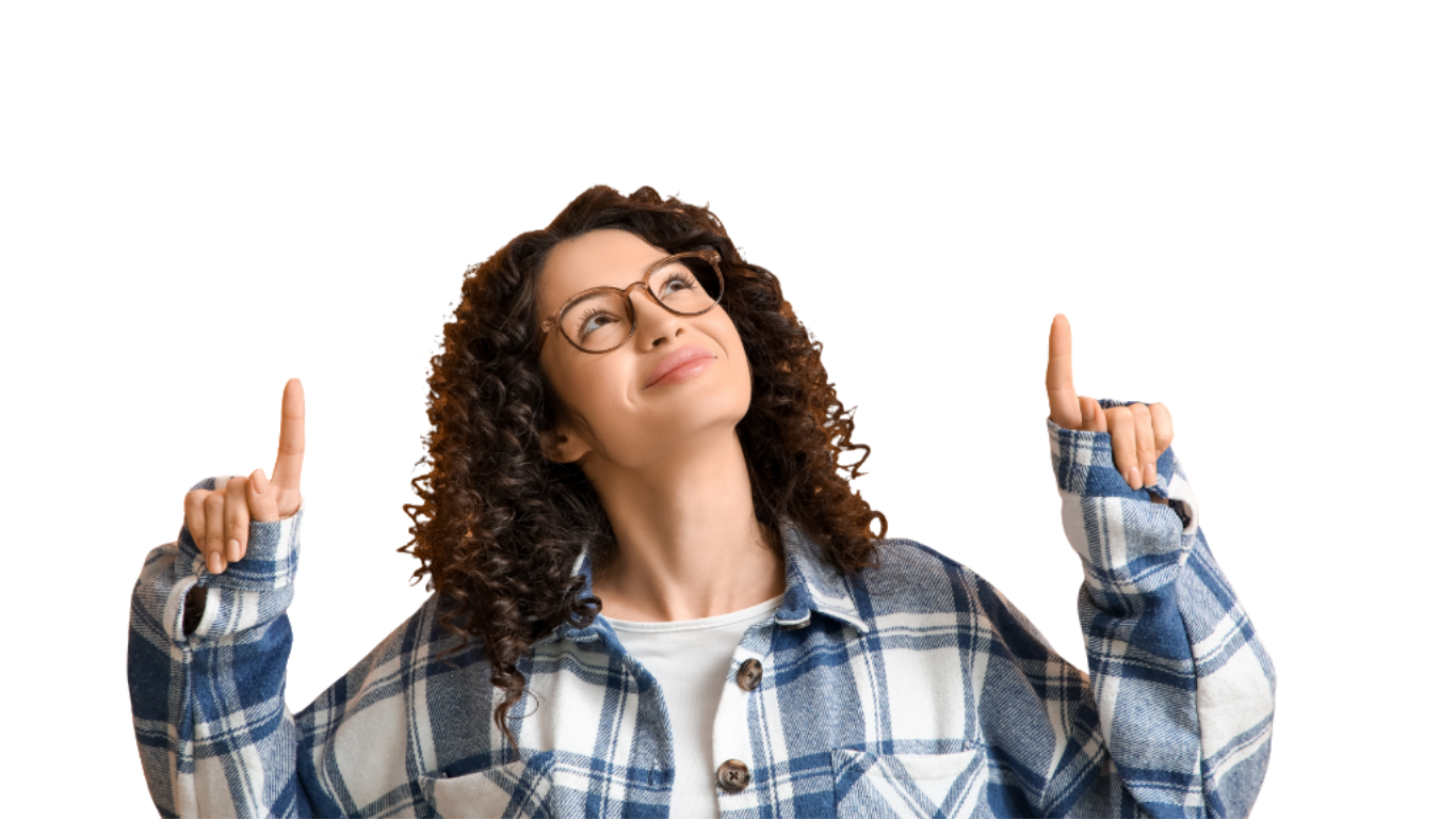 Frau zeigt mit den Fingern nach oben